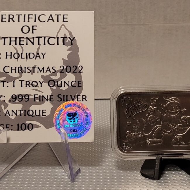 Christmas 2022 By Pit Bullion 1 Oz .999 Silver Bar Antique Finish W/COA #82/100