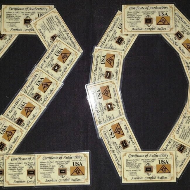 GOLD x20 ACB 1/4GRAIN 24K SOLID BULLION MINT BAR 9999 FINE CERT/AUTHENTICITY^ G
