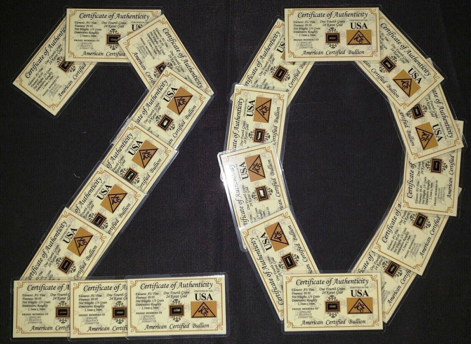 GOLD x20 ACB 1/4GRAIN 24K SOLID BULLION MINT BAR 9999 FINE CERT/AUTHENTICITY^ G