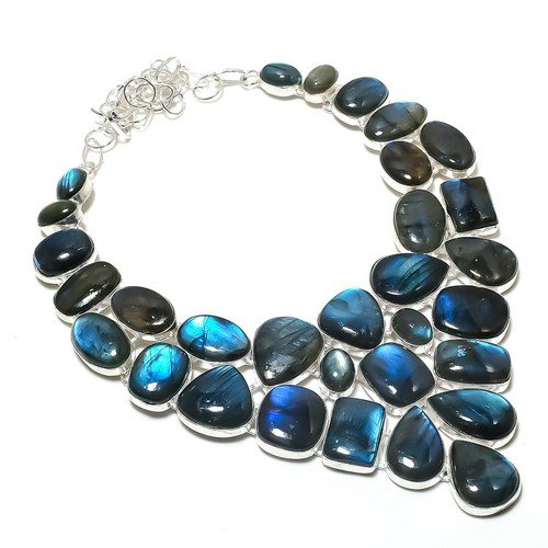 Natural Labradorite Gemstone 925 Sterling Silver Jewelry Necklace 18" Gift s499