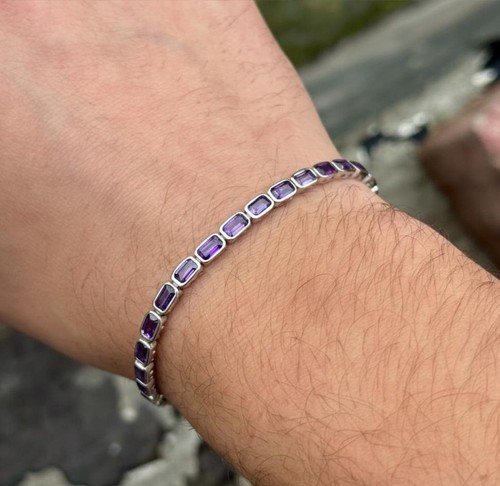 925 Silver Baguette Amethyst Gemstone Purple Chain Bracelet