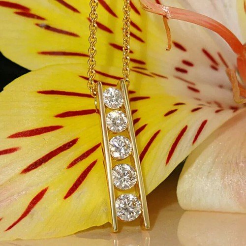 2ct Real Moissanite 5-Stone Journey Bar Pendant 14k Yellow Gold Plated Silver