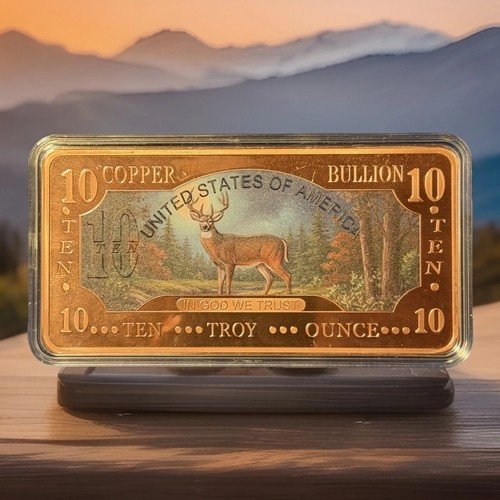 White Tail Deer 10 oz Colorized Copper Bar .999 (2000 Mintage) Free Shipping!