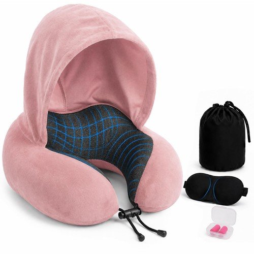 Travel Neck Pillow for Airplane – Hooded Eye Mask, Earplugs & Carry Bag