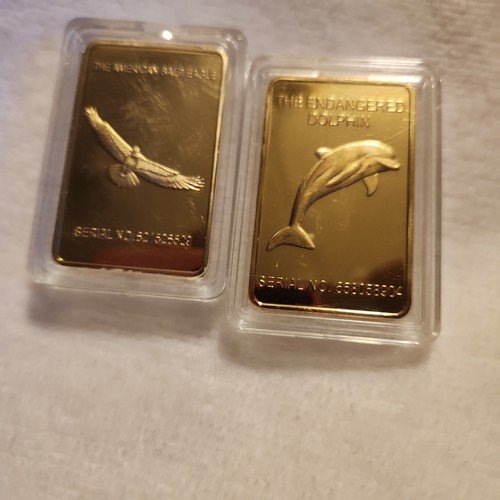 2X One Troy Ounce .999 Fine Gold Clad Bar American Eagle &  Endangered Dolphin