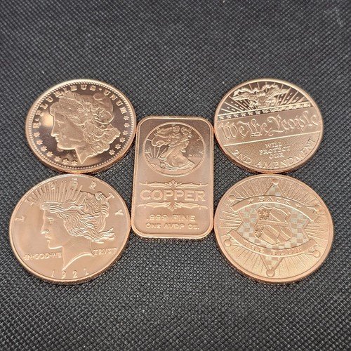 Lot 5 - 4 1oz Rounds and 1 1oz Bar Fine .999 Copper Mixed Designs