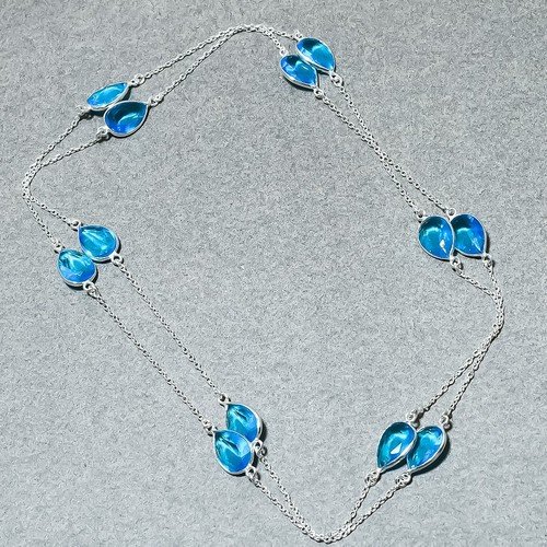 Faceted Swiss Blue Topaz Pear Shape Gemstone Chain Jewelry Handmade Necklace 36"