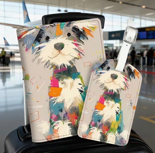 Colorful Abstract Dog Passport Holder & Luggage Tag Set PU Leather Travel Gift