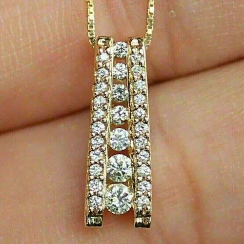 1.30Ct Round Cut Real Moissanite Women's Bar Pendant 14 K Yellow Gold Plated