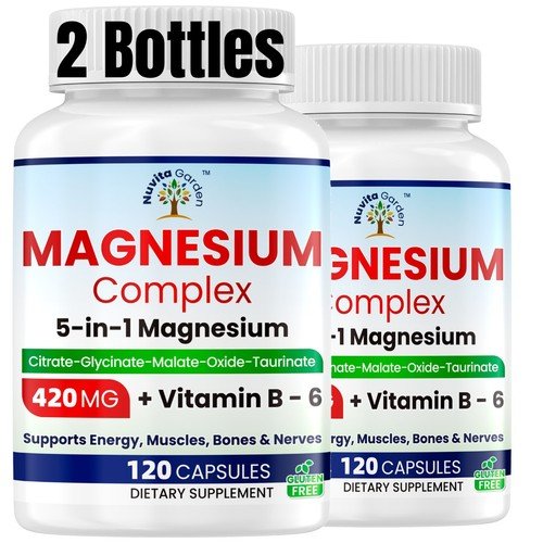 2 Pack 5-in-1 Magnesium + Vitamin B6 Supplement 420mg 240 Capsules, 2 Months