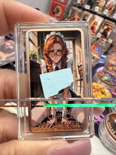 1 oz .999 Copper Bar Colorized Redhead Anime Maid Girl Glasses Art Bar Case