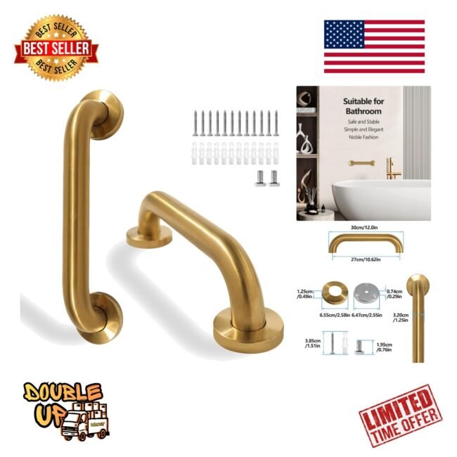 Shower Grab Bar, 2 Pack 12 Inch Gold Bathroom Safety Bar, 1.25" Diameter 304