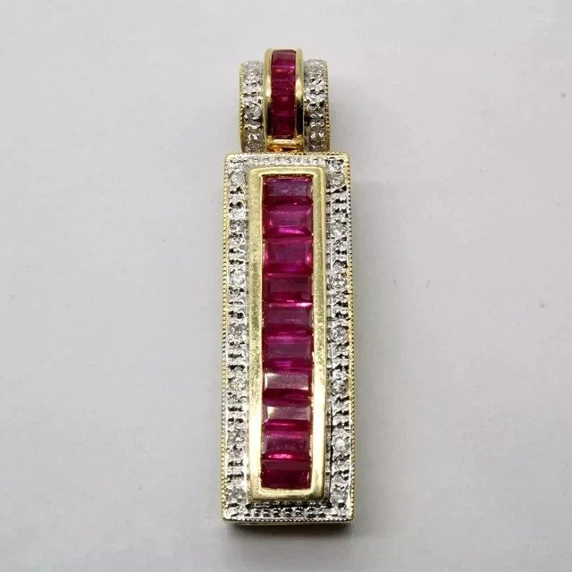 2.10Ct Baguette Cut Lab-Created Red Ruby Bar Pendant 14K Two-Tone Gold Plated