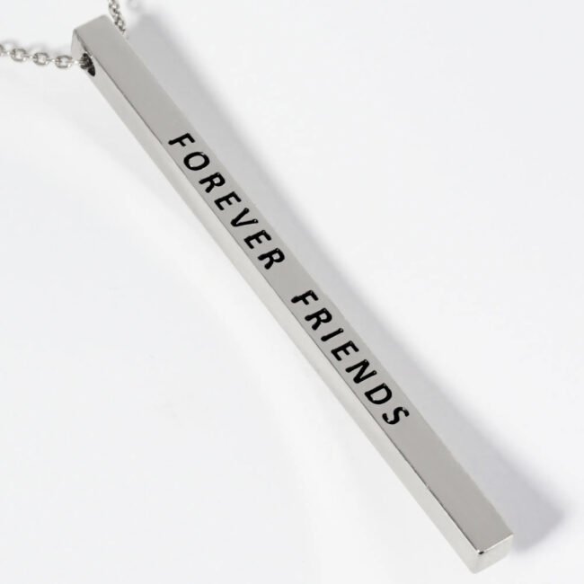 Brass Vertical Bar Necklace Engraved Forever Friends, 17in Gold or Silver Tone