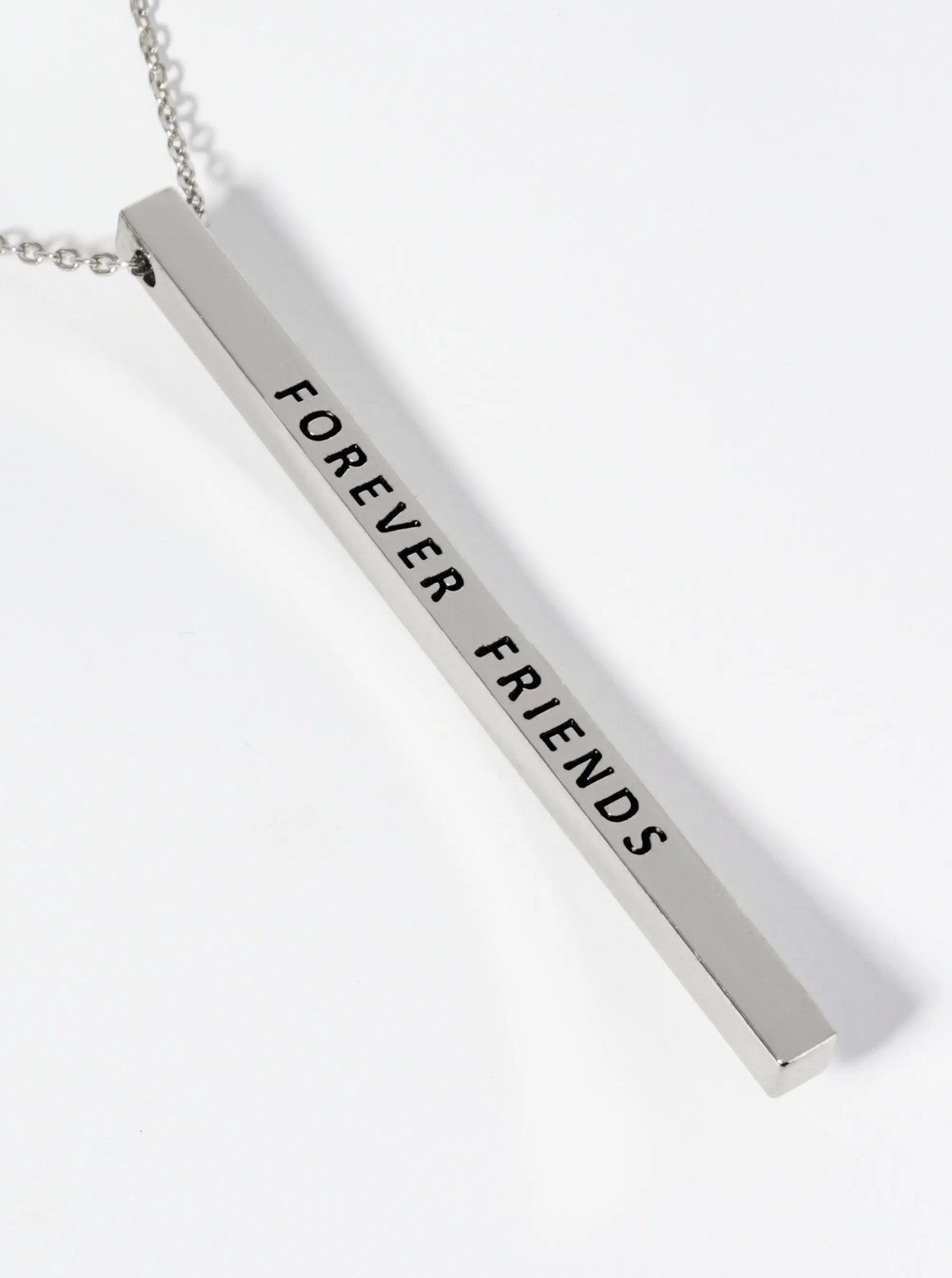 Brass Vertical Bar Necklace Engraved Forever Friends, 17in Gold or Silver Tone
