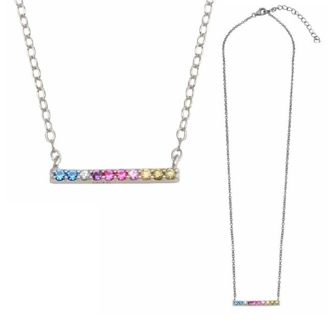 Sterling Silver Necklace w/ Rainbow Multicolor CZ Stones Bar Pendant