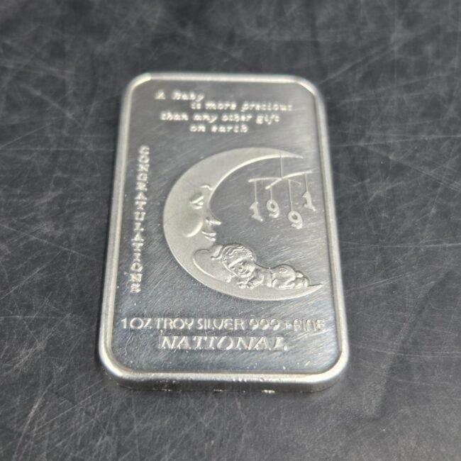 National 1991 Baby Congratulations .999 Fine Silver Art Bar 1oz Troy Gift