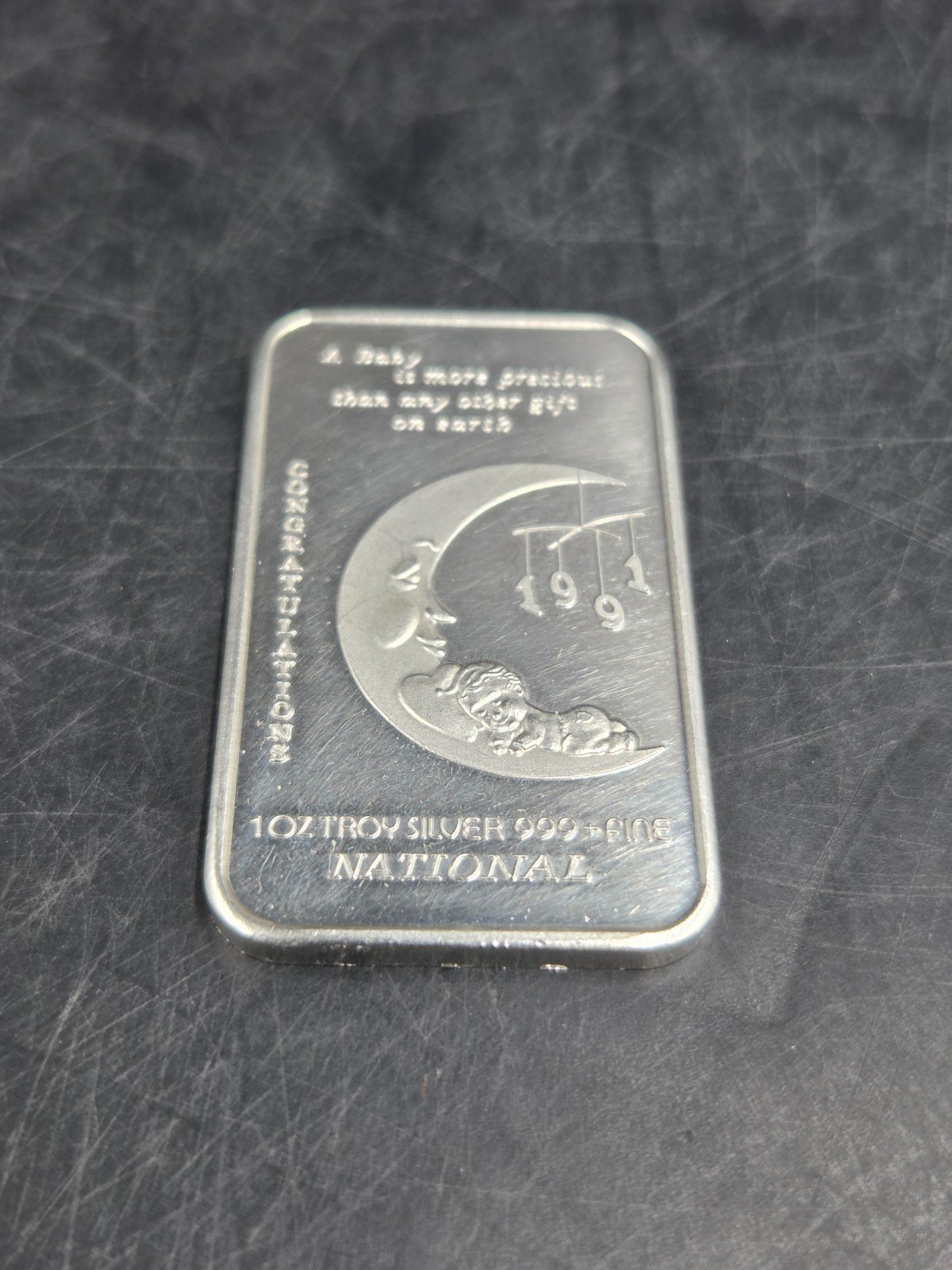 National 1991 Baby Congratulations .999 Fine Silver Art Bar 1oz Troy Gift