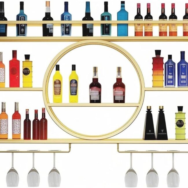 Metal Wine Rack Wall Mounted with LED Light, 3-Tier Gold Bar Liquor Shelf