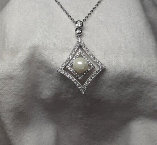 Open Square CZ Center Pearl Necklace, 925 Silver, Rhodium Plated, CZ (BGP00254)