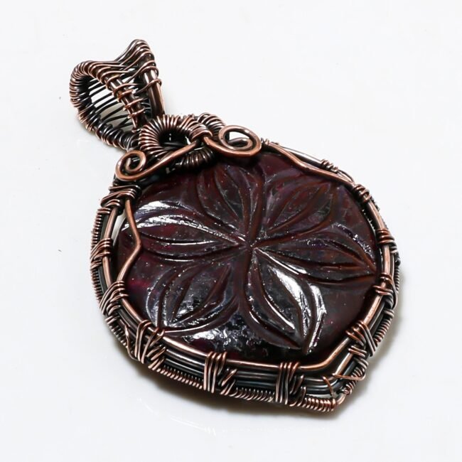 Wire Warp Copper Carved Garnet Gemstone Pendant Jewelry Pendant Size 3 Inches