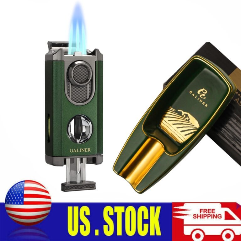 Travel Cigar Jet Flame Torch Lighter V-Cutter Holder Ceramic Ashtray Green Gift