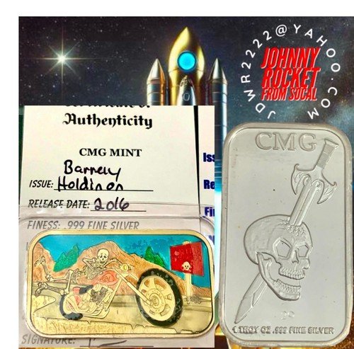 CMG MINT BARRELY HOLDIN ON ENAMELED SILVER ART BAR 999  2016