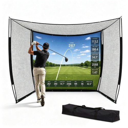 11x8ft Golf Simulator Hitting Net with Impact Screen, Heavy Duty Golf Range Cage