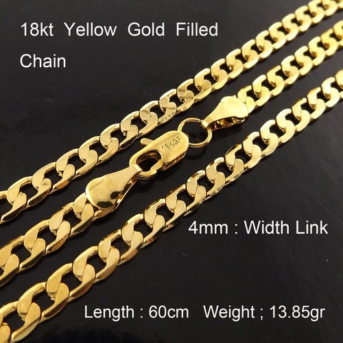 Necklace Real 18Kt Yellow Gold Filled Solid 4mm Curb Cuban Chain 60 cm : 24 inch