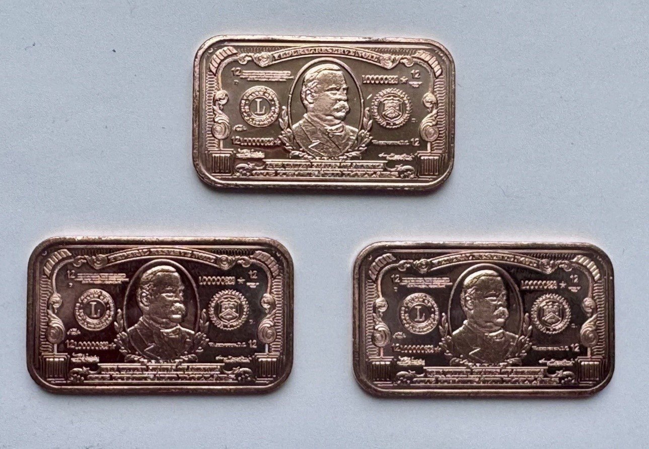 Lot of 3 - 1 oz Copper Bar $1000 Grover Cleveland Banknote .999 Fine