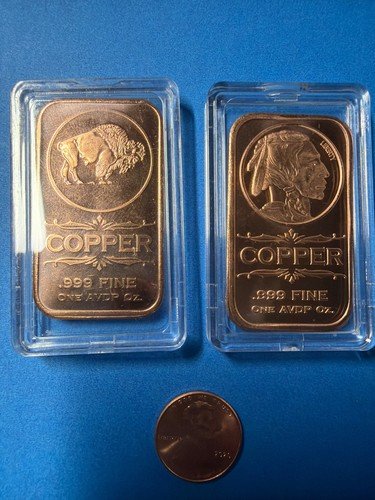 1 oz copper bars, lot of 2 Buffalo Nickel designs, new copper bars in cases