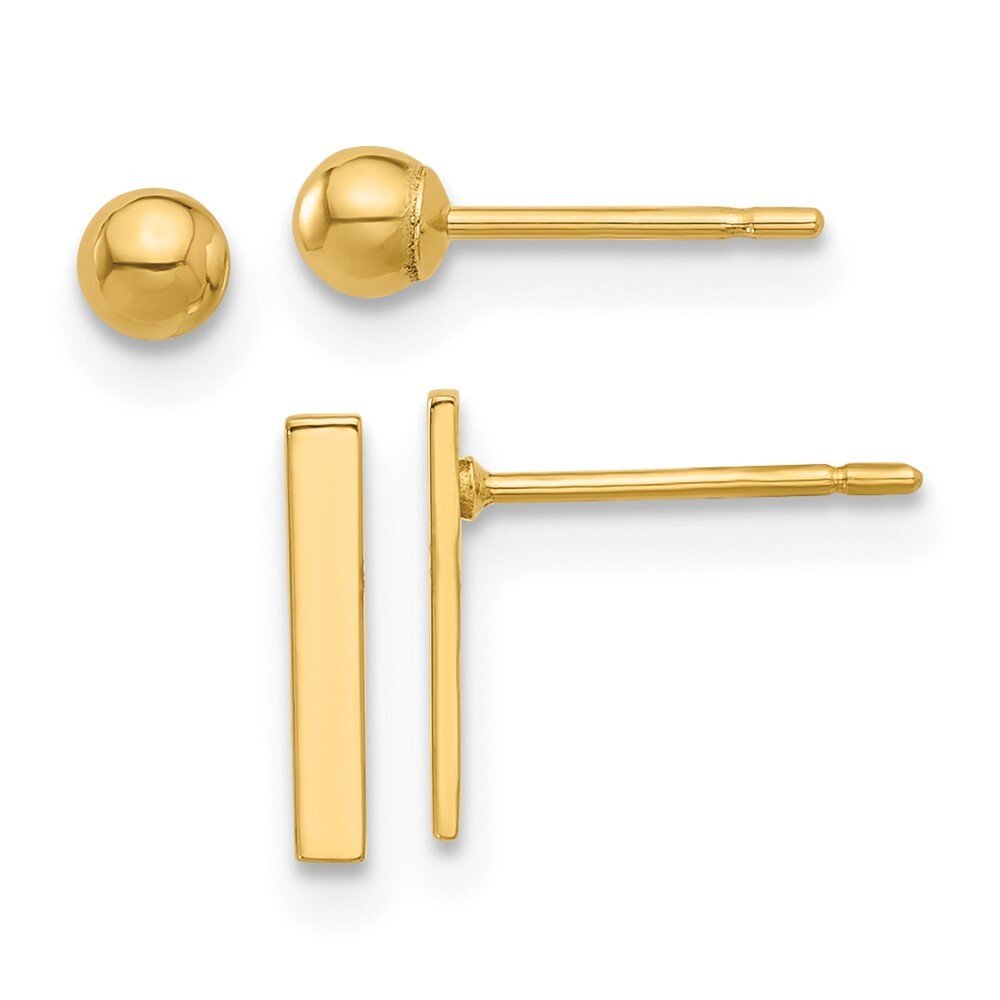 14K Yellow Gold Polished 3mm Ball and Bar Earrings Set