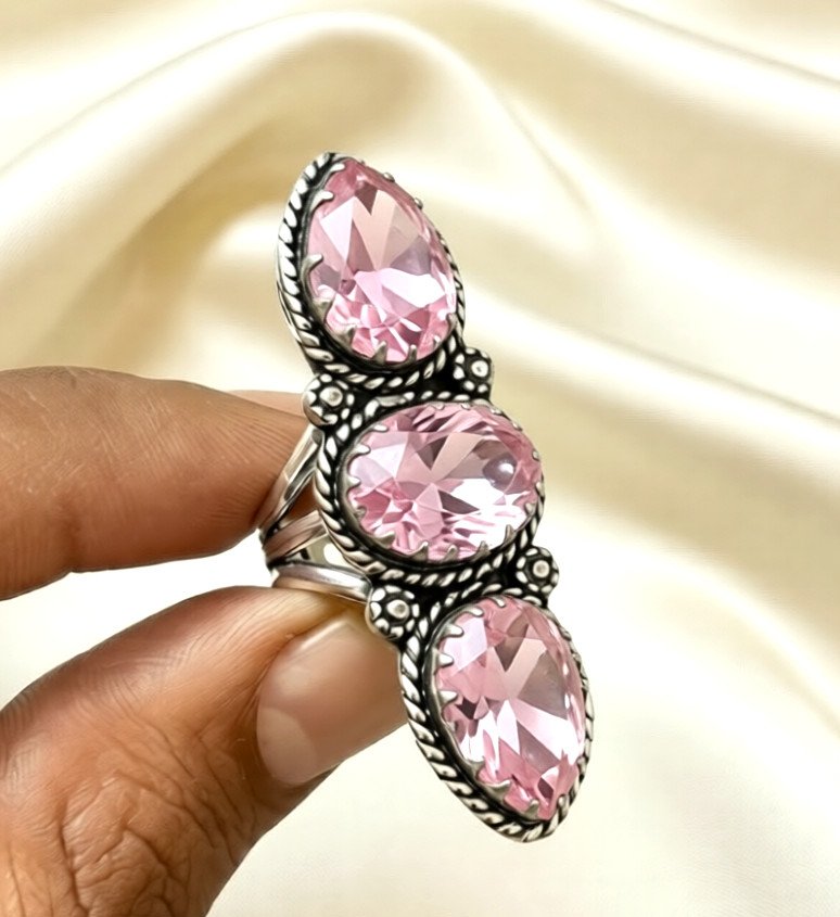 Handmade 925 Sterling Silver Ring with Pink Kunzite Gemstone All Size