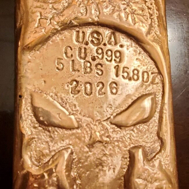 5 lb 15.8 oz  Hand-Poured .999 Fine Copper Bar punisher skull