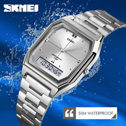 DUAL TIME Analogue Digital Quartz 5Bar Waterproof Stainless Steel MEN WRISTWATCH
