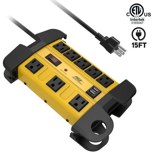 CRST 8 Outlets Heavy Duty Power Strip With 2 USB 1350J Surge Protector 15FT Cord