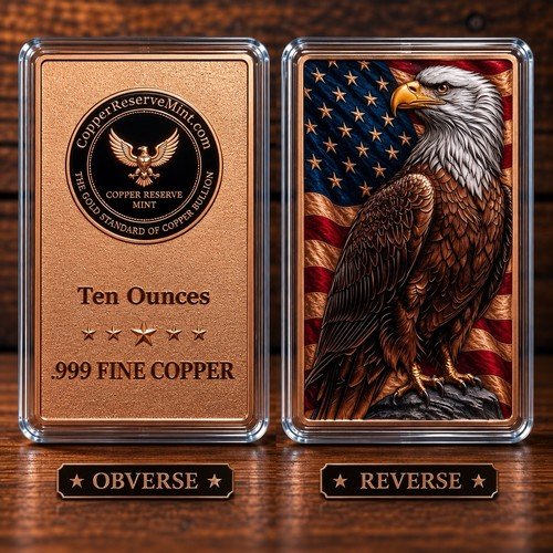 10 oz .999 Fine Copper Bar – Bald Eagle – UV Colorized – Copper Reserve Mint 🦅
