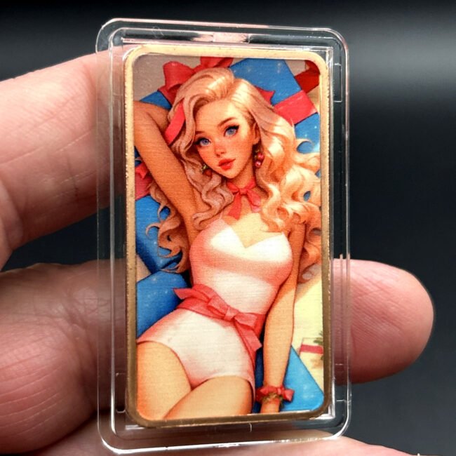 1 Troy Oz .999 Copper Colorized Naughty Blonde Retro Beach Girl Art Bullion Bar