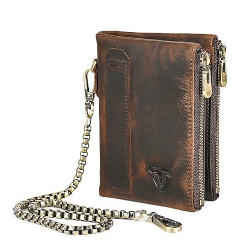 Oil Wax Genuine Leather Travel Gift Coin Pocket Card Case Vertical Chain Brown