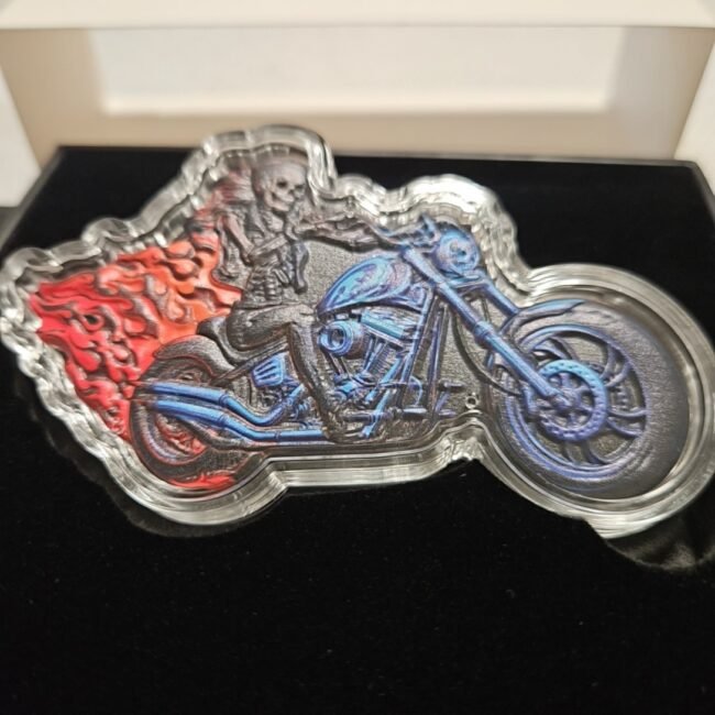 100g .999 Copper Bar Colorized Bone Queen Biker Shaped Art Bullion Boxed /2500