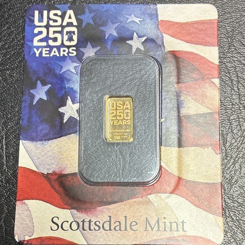 Scottsdale Mint USA 250 Years 1/100 oz Gold Bar 0.9999 Fine In Assay