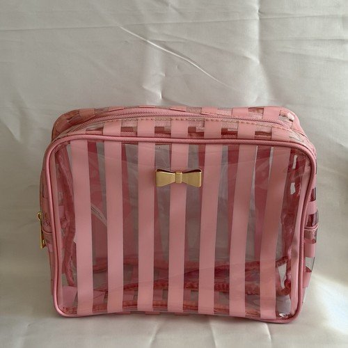 ENCHANTE Accessories Clear Pink Striped Cosmetic Bag Double Zip Toiletry Travel