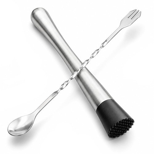 2PCS Stainless Steel Cocktail Muddler & Mixing Spoon Bar Tool Set 10 Inch