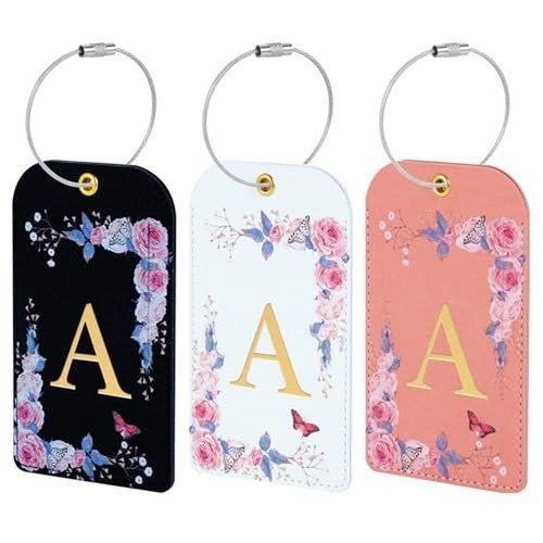 3 Pack Luxury Floral PU Leather Luggage Tags, Travel Accessories Gift (A) A