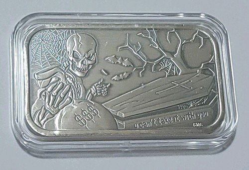 CMG Mint "U Cant Take it With You" 1 oz .999 Fine Silver Art Bar w/ COA Antiqued