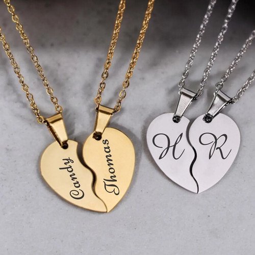 Both Side Personalized Engraved 2-Piece Heart Pendant Chain Necklace Customized