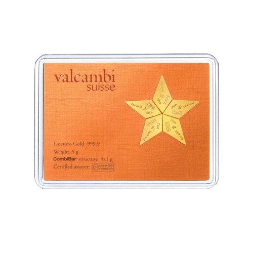 Valcambi Suisse 5x1 Gram Gold Star CombiBar (0.160754 oz) with Assay Card