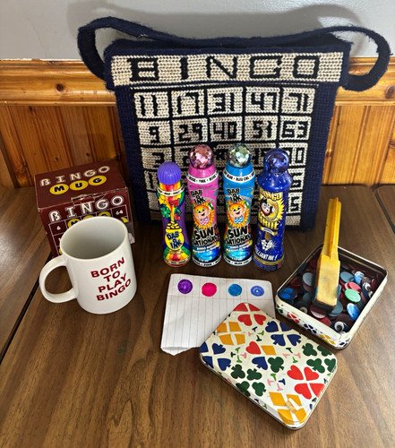 Bingo Travel Game Accessory Lot Tote Bag, Daubers, Chips, Mug & Cards.  356