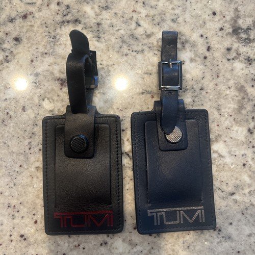 (2)Tumi Black Leather Luggage Tag Travel Bag ID Holder Strap Accessory 4″x 2.5″