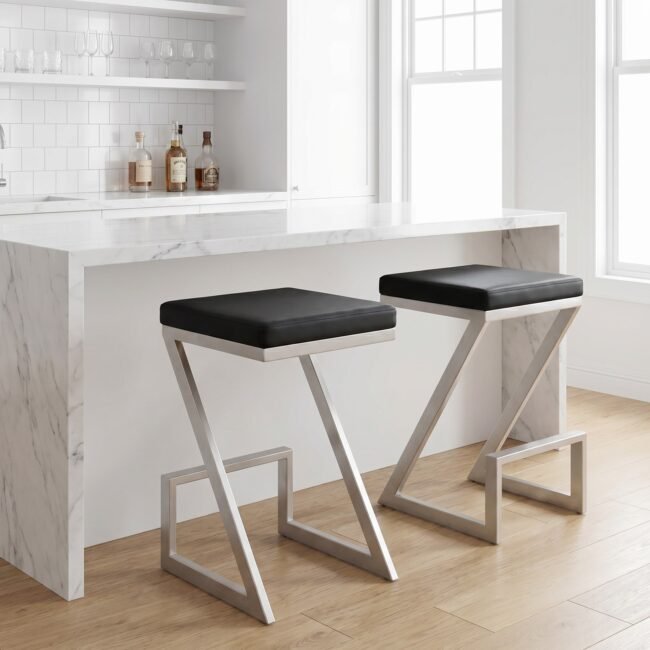 Set of 2 Bar Stools Backless Faux Leather and Brushed Stainless Steel Z-Shaped